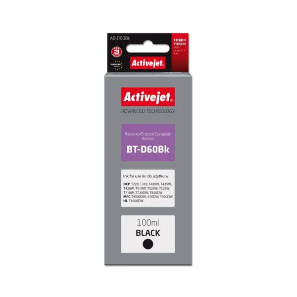 Activejet AB-D60Bk Ink Bottle (Replacement, Brother BT-D60Bk; Supreme; 100 ml; Black)