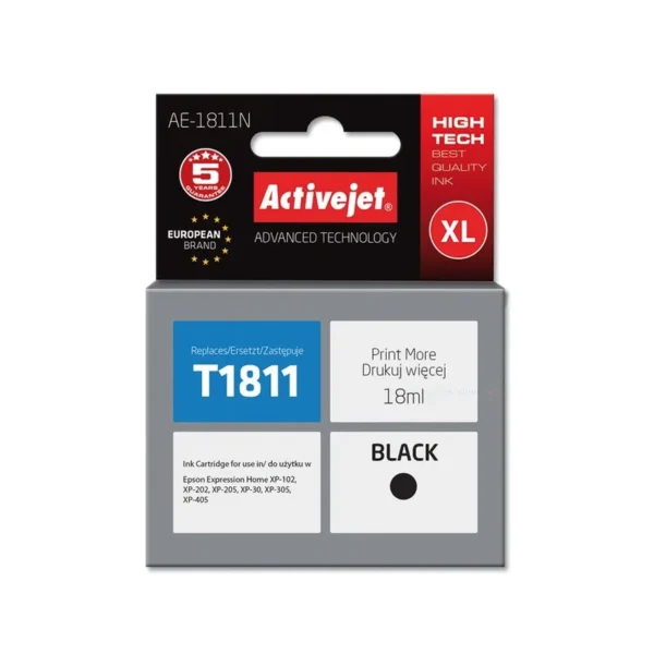 Activejet AE-1811N Ink Cartridge (Replacement for Epson 18XL T1811; Supreme; 18 ml; black)
