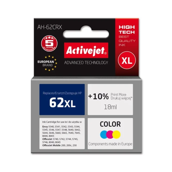 Activejet AH-62CRX ink (replacement for HP 62XL C2P07AE; Premium; 18 ml; color)