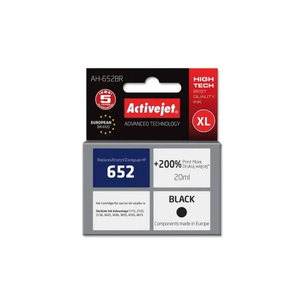 Activejet AH-652BR ink (replacement for HP 652 F6V25AE; Premium; 20 ml; black)