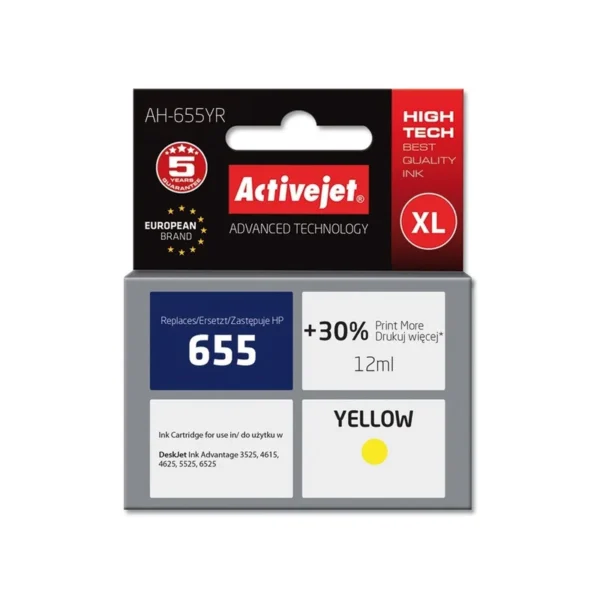 Activejet AH-655YR Ink (replacement for HP 655 CZ112AE; Premium; 12 ml; yellow)