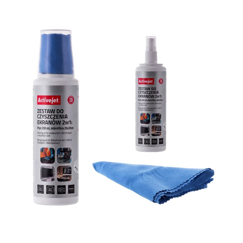 Activejet AOC-269 Liquid, Screen cleaning kit 2in1 250 ml, 20x20 cm, Screen cleaner, plastic cleaner and microfiber cleaning cloth 20x20 cm