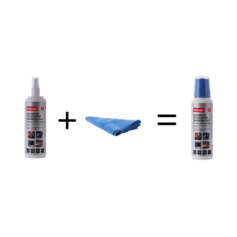 Activejet AOC-269 Liquid, Screen cleaning kit 2in1 250 ml, 20x20 cm, Screen cleaner, plastic cleaner and microfiber cleaning cloth 20x20 cm