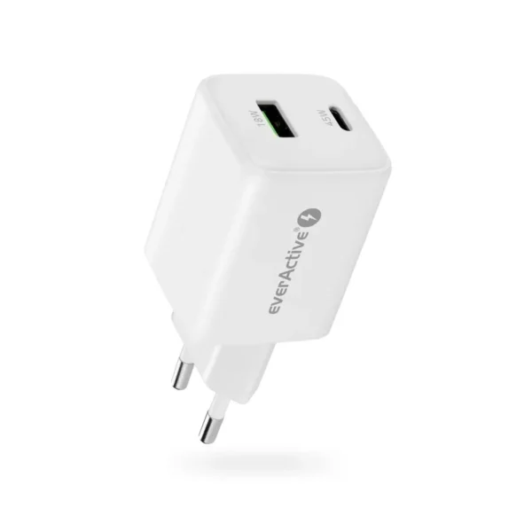 GaN mains charger with 1 x USB and 1 x USB-C Quick Charge 4.0 45W, white