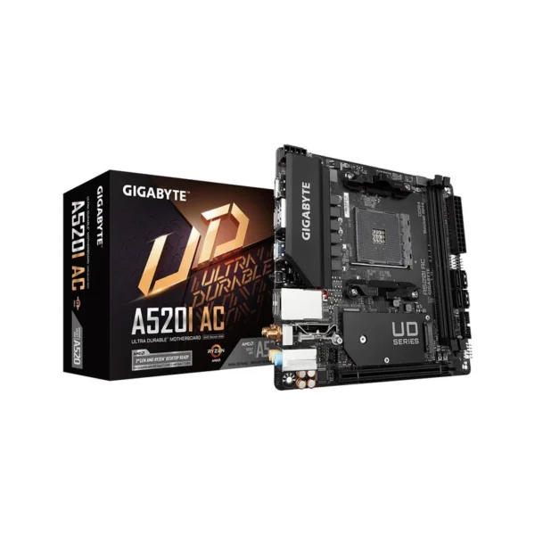 GIGABYTE A520I AC Motherboard - Supports AMD Ryzen 5000 Series AM4 CPUs, 6 Phases Digital VRM, up to 5300MHz DDR4 (OC), 1xPCIe 3.0 M.2, WIFI, GbE LAN, USB 3.2 Gen1