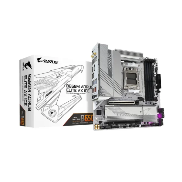 GIGABYTE B650M AORUS ELITE AX ICE Motherboard - AMD Ryzen 9000 Series CPUs, 12+2+2 Phases VRM, up to 8000MHz DDR5 (OC), 1xPCIe 5.0 + 1xPCIe 4.0 M.2, 2.5GbE LAN, WIFI 6E, USB 3.2 Gen 2x2