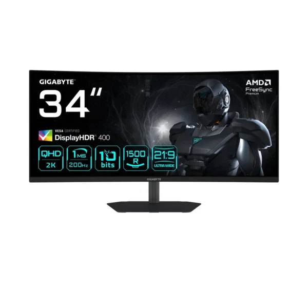 GIGABYTE G34WQC2 34” WQHD Curved Gaming Monitor - 3440 x 1440, 1500R, 200Hz, 1ms, 450 cd/m2, AMD FreeSync Premium, DisplayHDR 400, HDMI 2.0, Displayport 1.4