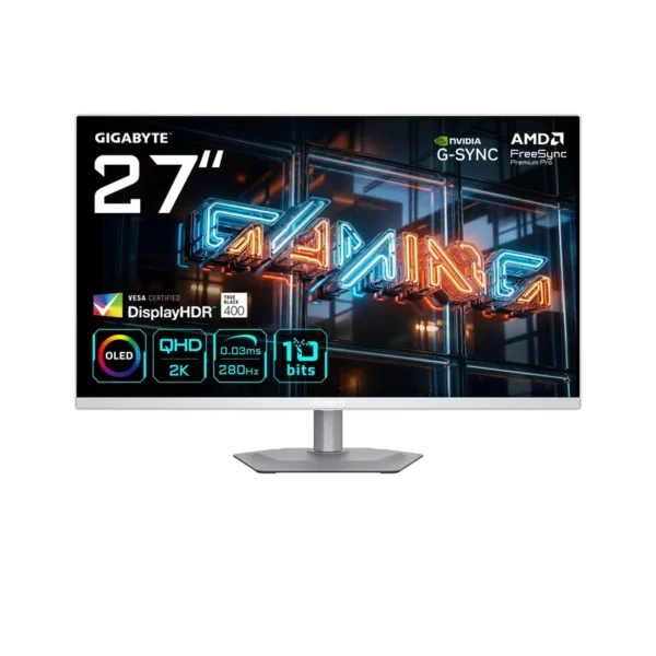 GIGABYTE MO27Q2A ICE 27” OLED 2K QHD Gaming Monitor - 2560 x 1440, 280Hz, 0.03ms, 250 cd/m², FreeSync Premium Pro, DisplayHDR True Black 400, HDMI 2.1, Displayport 1.4