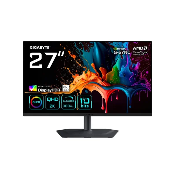 GIGABYTE MO27Q3 27” OLED QHD Gaming Monitor - 2560 x 1440, 360Hz, 0.03ms, 250 cd/m², G-Sync Compatible, FreeSync Premium Pro, Display HDR True Black 400, HDMI 2.1, Displayport 1.4