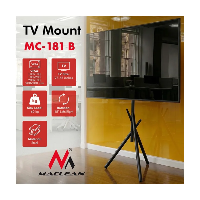Maclean TV Floor Stand/Mount, 27–55", max. VESA 200x200, max. 60 kg, MC-181 B