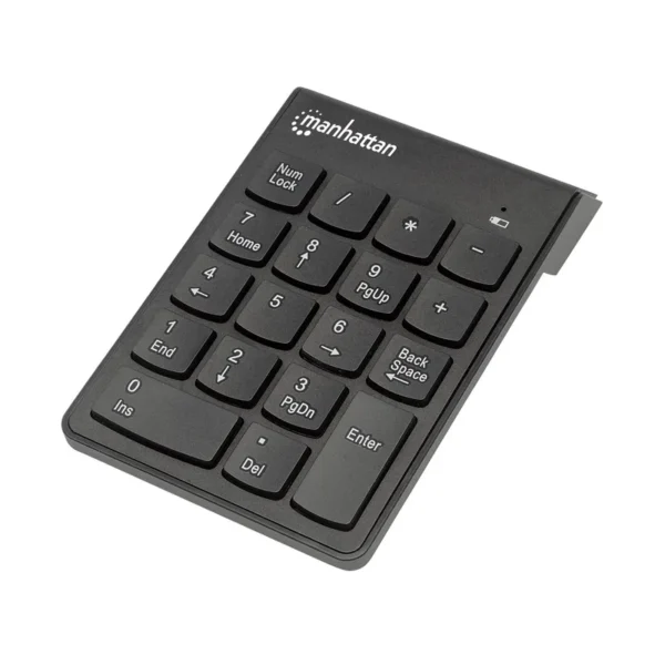 Manhattan Numeric Keypad, Wireless (2.4GHz), USB-A Micro Receiver, 18 Full Size Keys, Black, Membrane Key Switches, Auto Power Management, Range 10m, AAA Battery (included), Windows and Mac, Three Year Warranty