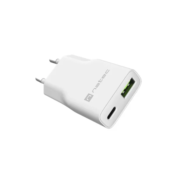 NATEC RIBERA GAN SLIM MAINS CHARGER 1× USB-A + 1× USB-C 20W WHITE