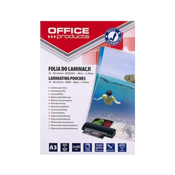 OFFICE PRODUCTS Laminating film, A3, 2x100 microns, glossy, 100 sheets, transparent