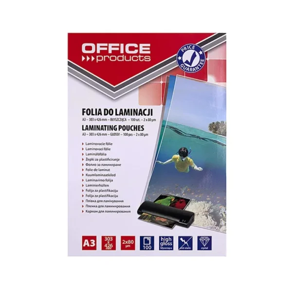 OFFICE PRODUCTS Laminating film, A3, 2x80 microns, glossy, 100 sheets, transparent