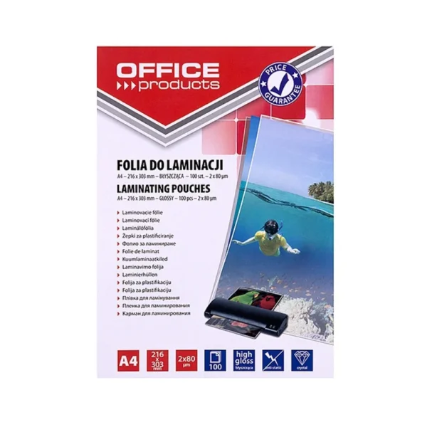 OFFICE PRODUCTS Laminating film, A4, 2x80 microns, glossy, 100 sheets, transparent