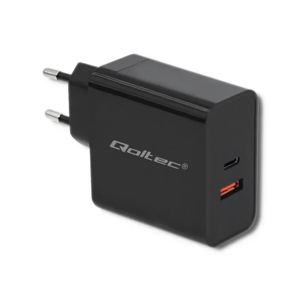 Qoltec 51716 Charger | 63W | 5-20V | 1.5-3A | USB type C PD | USB QC 3.0 | Black