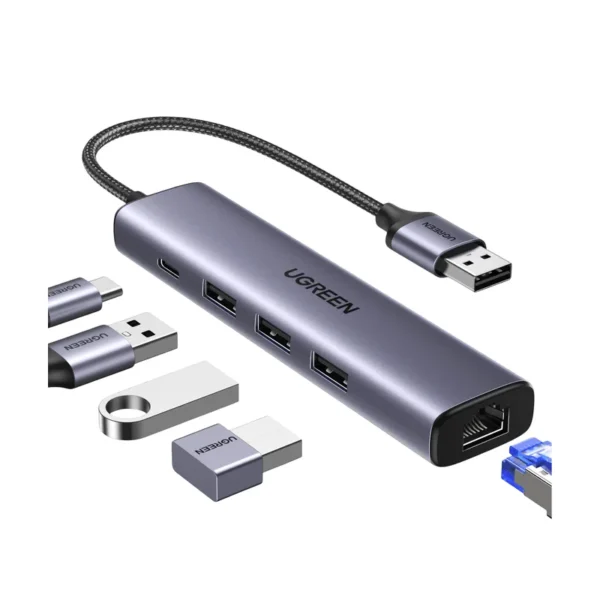 UGREEN 60554 Ethernet Adapter | USB 3.0 on 3×USB3.0 + RJ45 (1000M) Ethernet with Type-C power, Aluminum Case