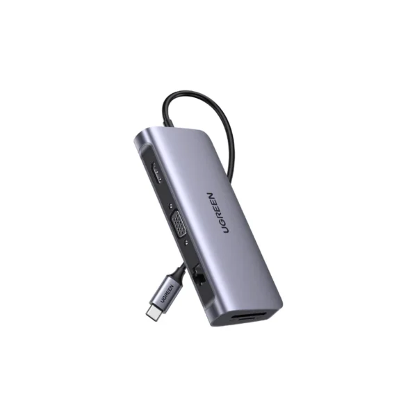 UGREEN 80133 Docking Station USB-C to 3xUSB 3.0 + HDMI + VGA + RJ45 + SD/TF + AUX3.5mm + PD (Space Gray Aluminum case, 1000Mbps, 4K30Hz, FullHD, USB3.0 5G, Memory card :≈90MB/S, 100W)