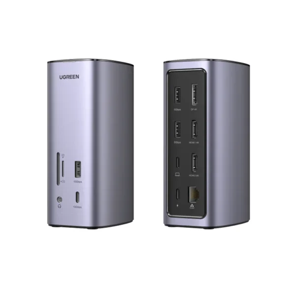 UGREEN 90325 12-in-1 USB C Triple Display Docking Station. 3x USB-A 3.2, 1x Type-C 3.1 10Gb, 1x Type-C PD port (100W), 1x DP, 2x HDMI (support 8K), 1x RJ45, 1x 3.5mm Audio, 1x SD/TF, The host
