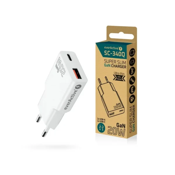 Charger everActive GaN SUPER SLIM SC-340Q USB QC3.0 and USB-C PD 20W