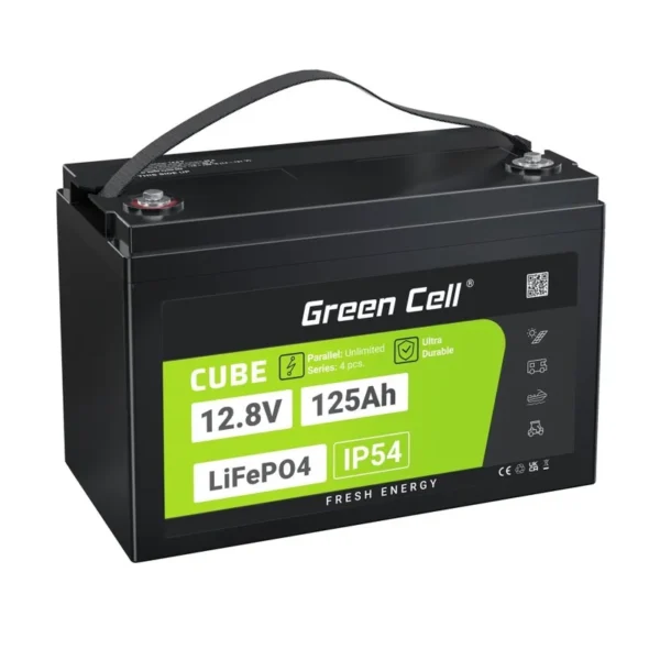 Green Cell Žalias Cell CUBE LiFePO4 125Ah 12,8V 1600Wh liio geležies fosfato baterija kemperiui, sauls energijai, neprijungtai prie tinklo, laivui Lithium Iron Phosphate (LiFePO4) 12.8 V