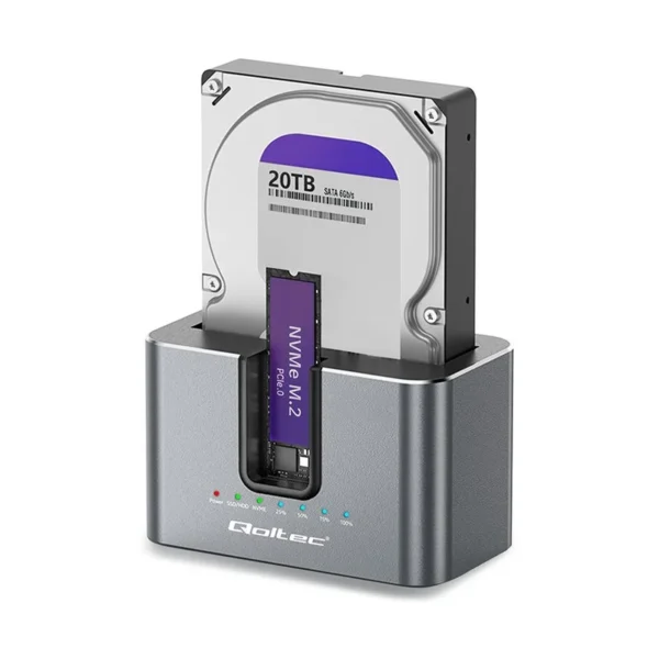 Qoltec 52631 HDD SSD doscking station | SATA | M.2 NVMe | cloning | USB-C | 10Gb/s | 28TB